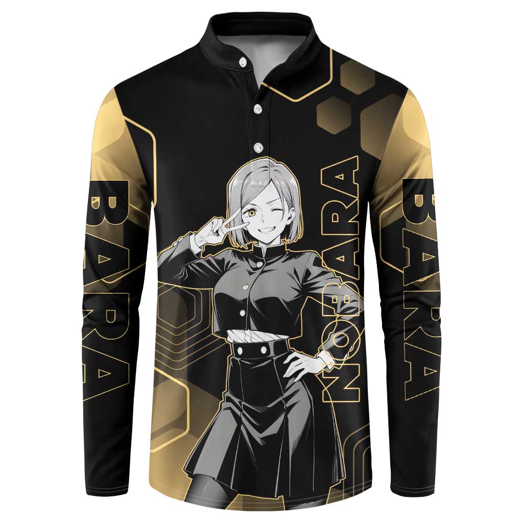 Nobara Kugisaki Jujutsu Kaisen Gold Hexagon Design Button Sweatshirt with Confident Expressions and Manga Style Art - The Mazicc