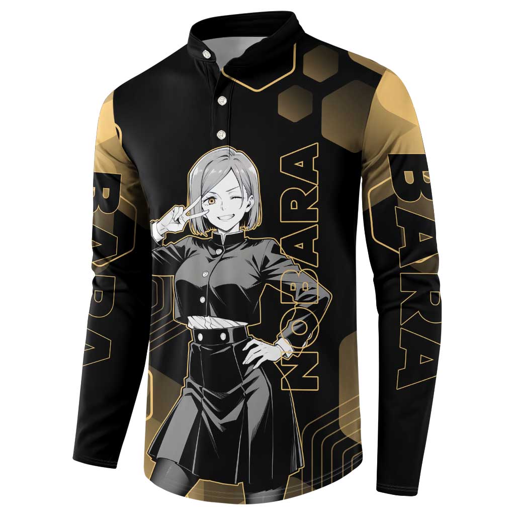Nobara Kugisaki Jujutsu Kaisen Gold Hexagon Design Button Sweatshirt with Confident Expressions and Manga Style Art - The Mazicc