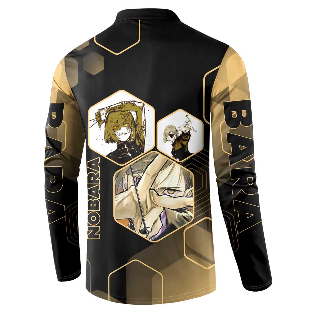Nobara Kugisaki Jujutsu Kaisen Gold Hexagon Design Button Sweatshirt with Confident Expressions and Manga Style Art - The Mazicc