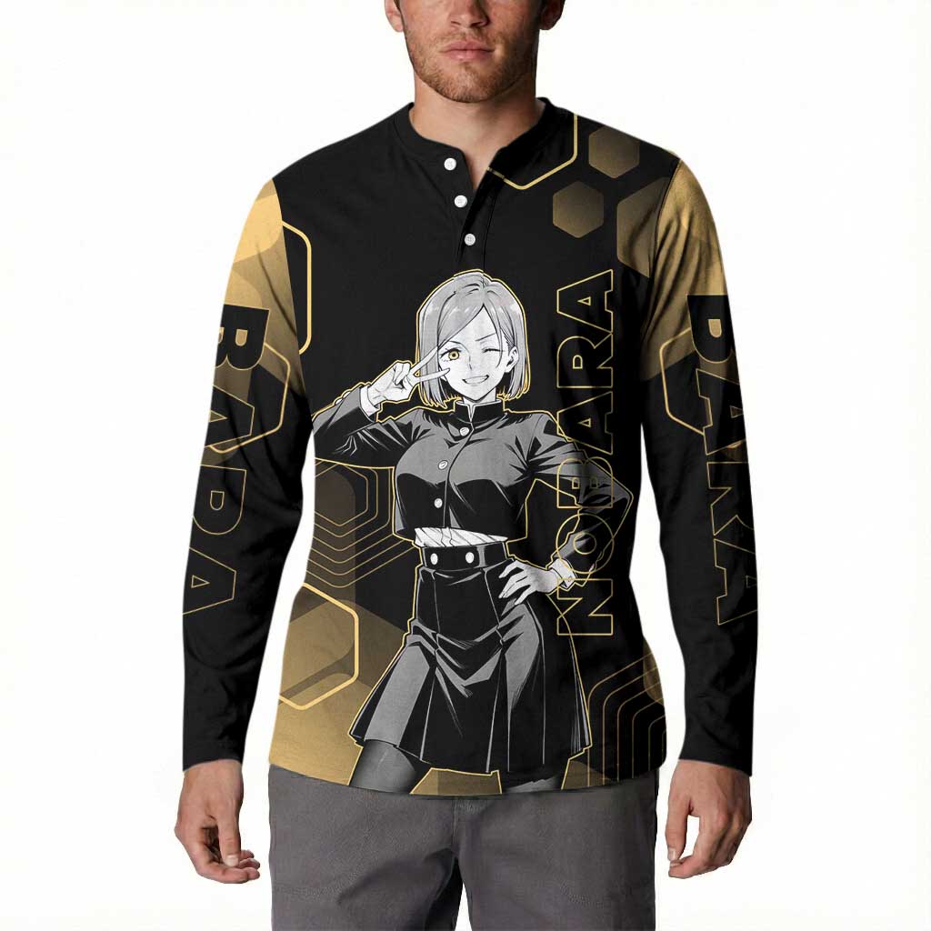 Nobara Kugisaki Jujutsu Kaisen Gold Hexagon Design Button Sweatshirt with Confident Expressions and Manga Style Art - The Mazicc