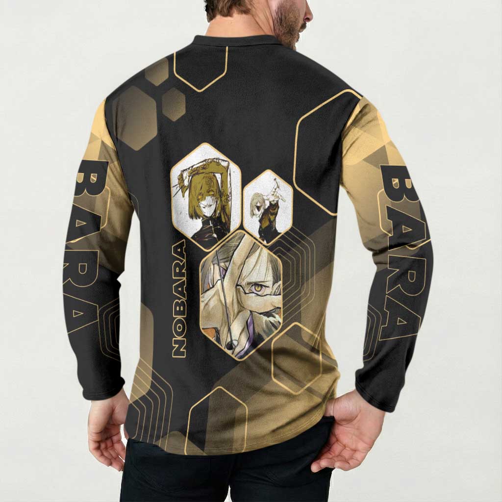 Nobara Kugisaki Jujutsu Kaisen Gold Hexagon Design Button Sweatshirt with Confident Expressions and Manga Style Art - The Mazicc