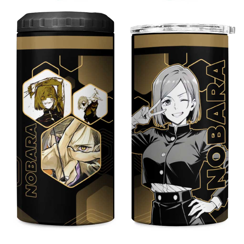 Nobara Kugisaki Jujutsu Kaisen Gold Hexagon Design 4 in 1 Can Cooler Tumbler with Confident Expressions and Manga Style Art - The Mazicc