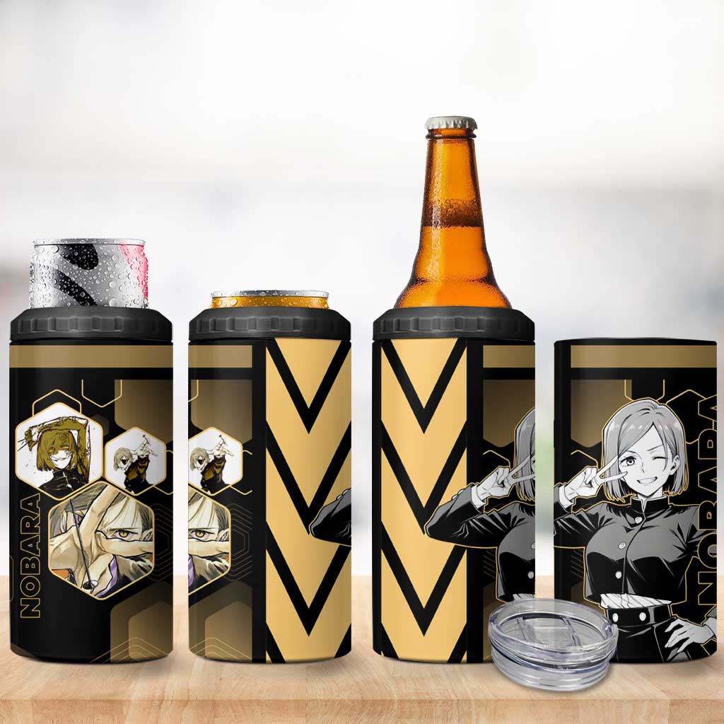 Nobara Kugisaki Jujutsu Kaisen Gold Hexagon Design 4 in 1 Can Cooler Tumbler with Confident Expressions and Manga Style Art - The Mazicc
