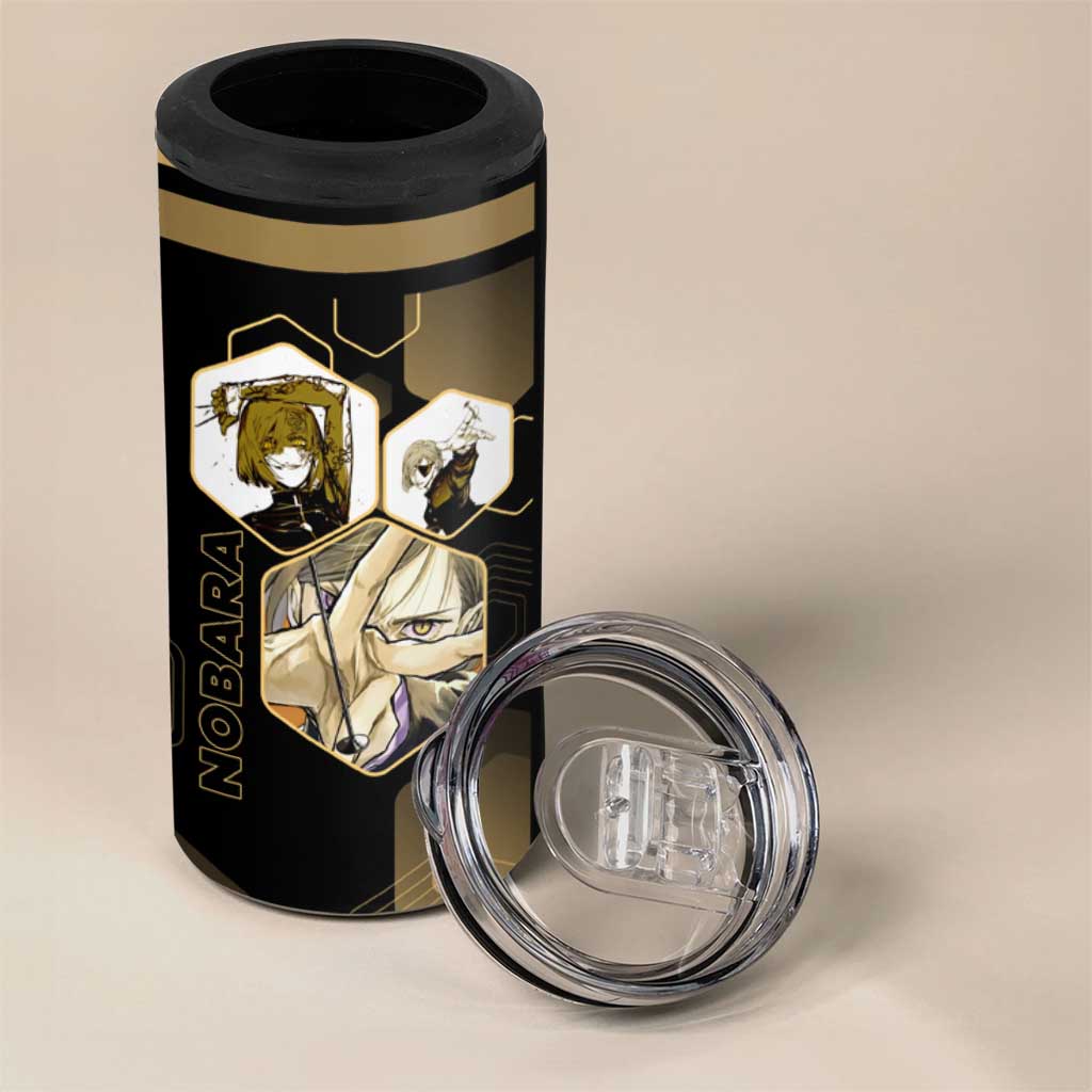 Nobara Kugisaki Jujutsu Kaisen Gold Hexagon Design 4 in 1 Can Cooler Tumbler with Confident Expressions and Manga Style Art - The Mazicc