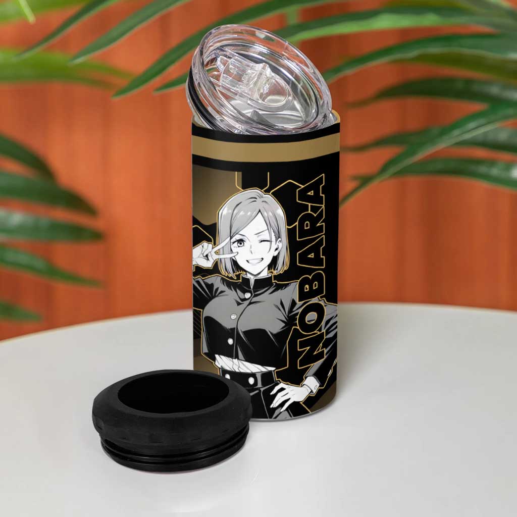 Nobara Kugisaki Jujutsu Kaisen Gold Hexagon Design 4 in 1 Can Cooler Tumbler with Confident Expressions and Manga Style Art - The Mazicc