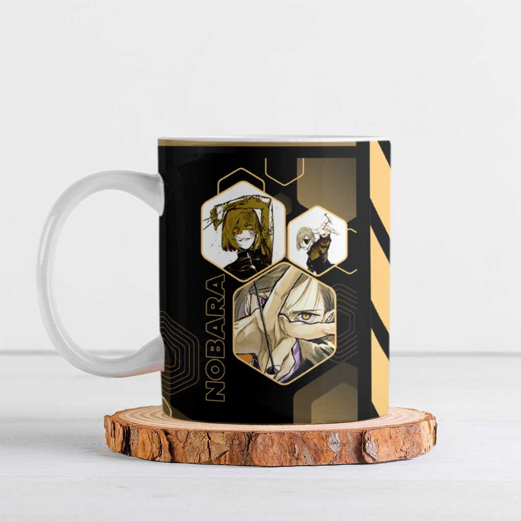 Nobara Kugisaki Jujutsu Kaisen Gold Hexagon Design Ceramic Mug with Confident Expressions and Manga Style Art - The Mazicc