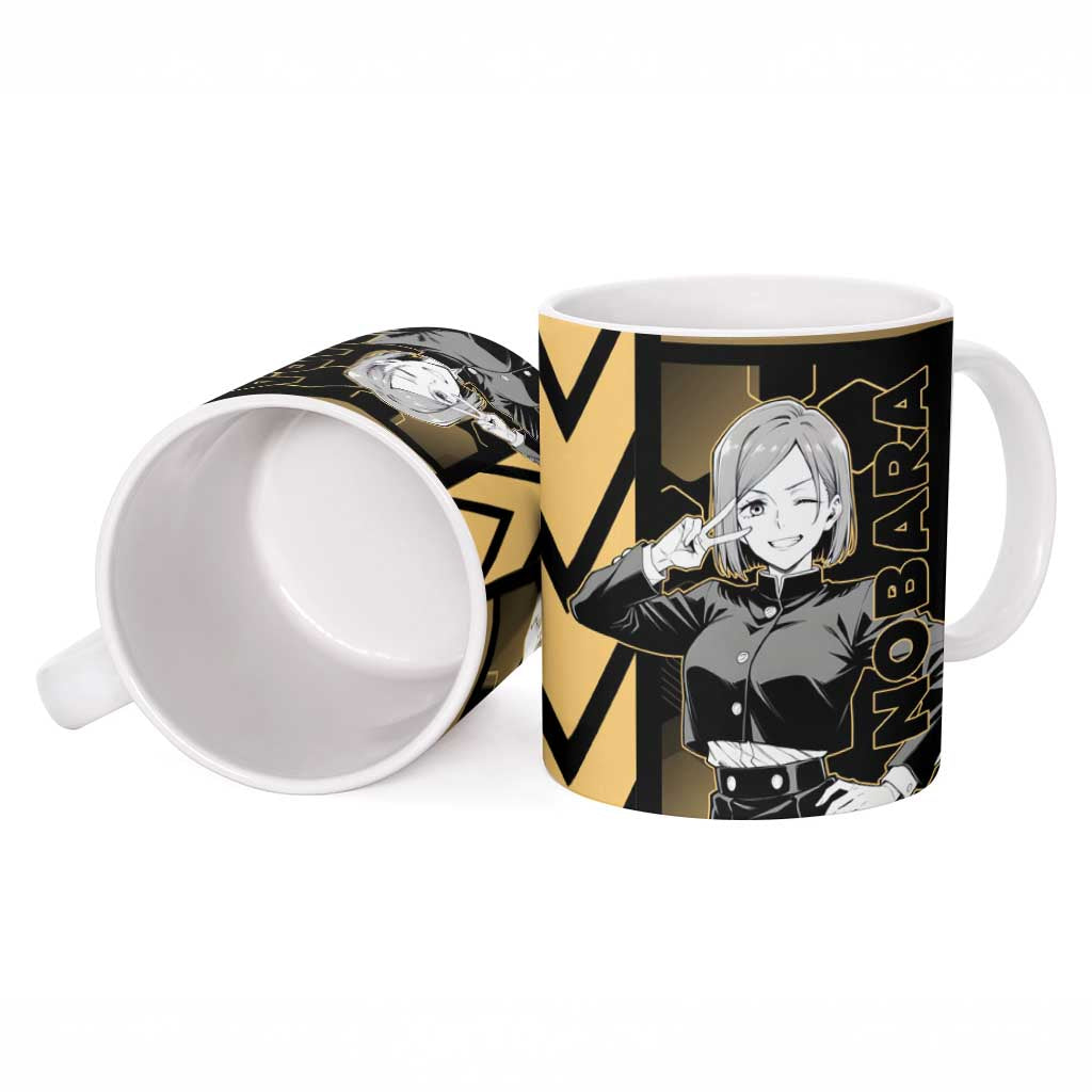 Nobara Kugisaki Jujutsu Kaisen Gold Hexagon Design Ceramic Mug with Confident Expressions and Manga Style Art - The Mazicc