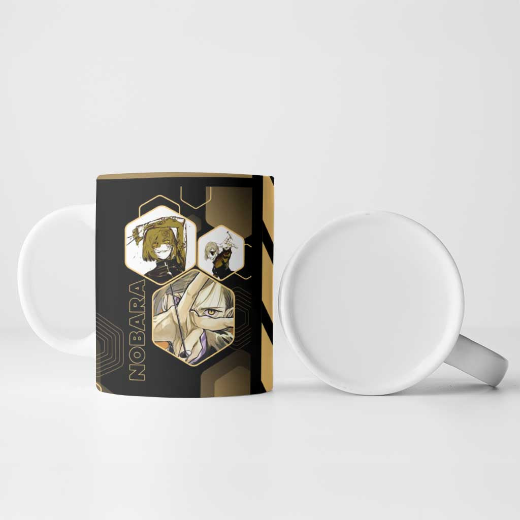 Nobara Kugisaki Jujutsu Kaisen Gold Hexagon Design Ceramic Mug with Confident Expressions and Manga Style Art - The Mazicc