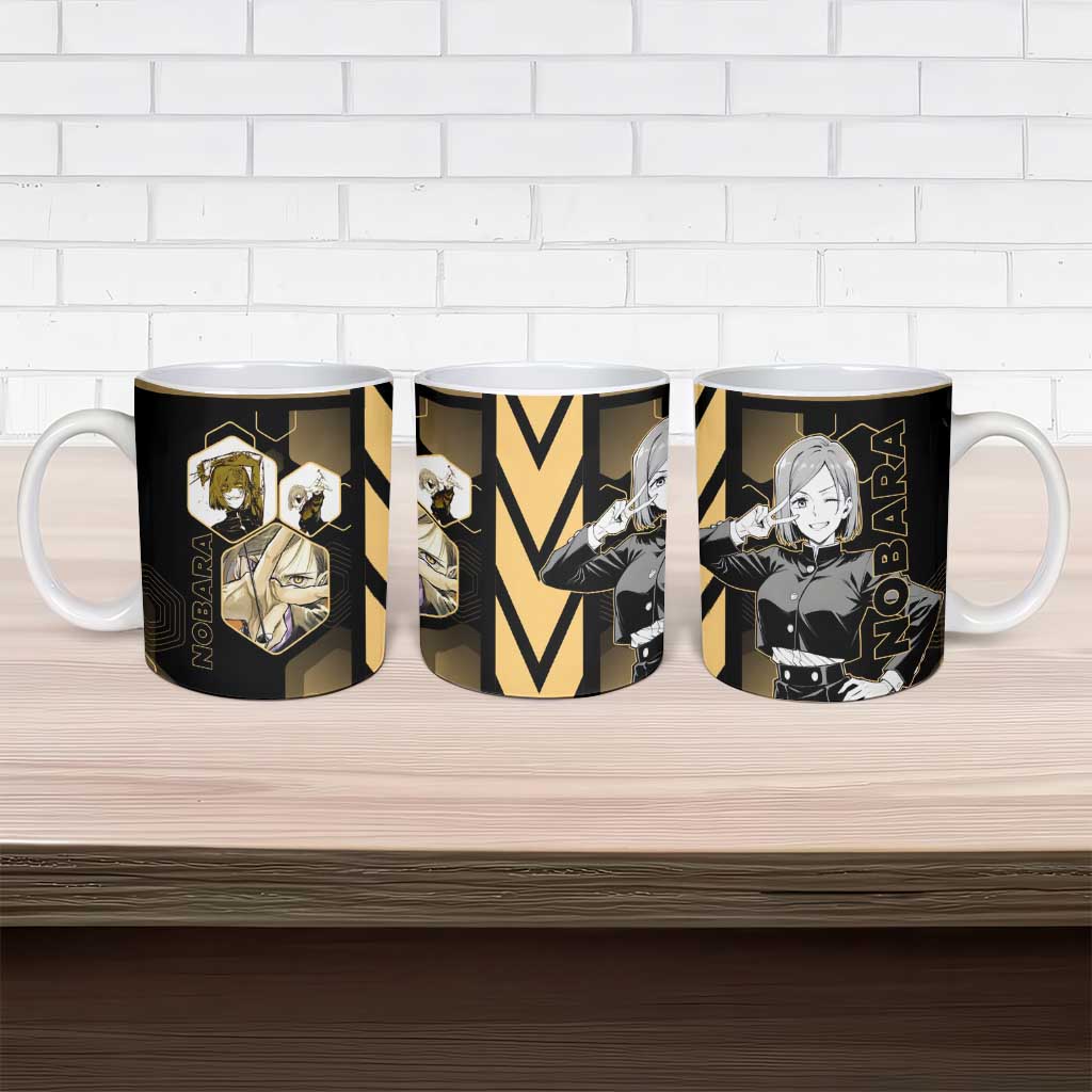 Nobara Kugisaki Jujutsu Kaisen Gold Hexagon Design Ceramic Mug with Confident Expressions and Manga Style Art - The Mazicc