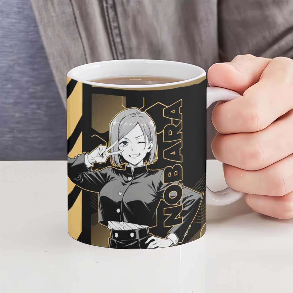 Nobara Kugisaki Jujutsu Kaisen Gold Hexagon Design Ceramic Mug with Confident Expressions and Manga Style Art - The Mazicc