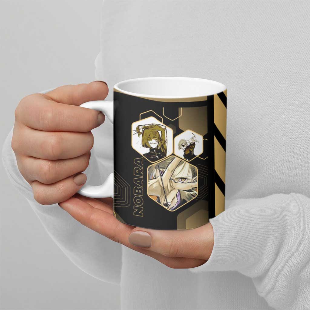 Nobara Kugisaki Jujutsu Kaisen Gold Hexagon Design Ceramic Mug with Confident Expressions and Manga Style Art - The Mazicc