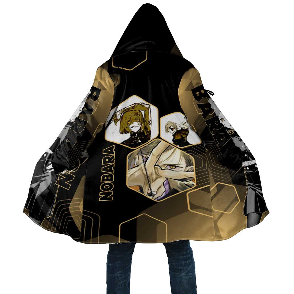 Nobara Kugisaki Jujutsu Kaisen Gold Hexagon Design Cloak with Confident Expressions and Manga Style Art - The Mazicc