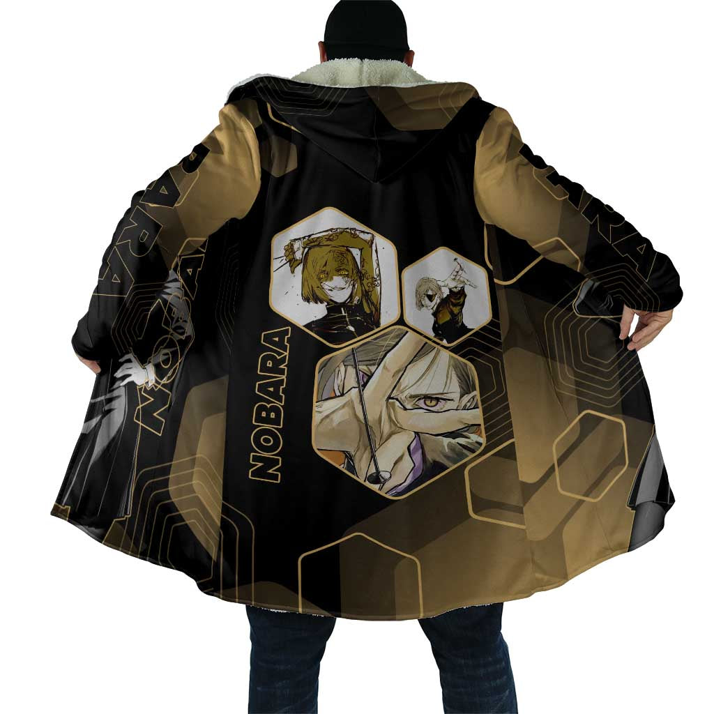 Nobara Kugisaki Jujutsu Kaisen Gold Hexagon Design Cloak with Confident Expressions and Manga Style Art - The Mazicc