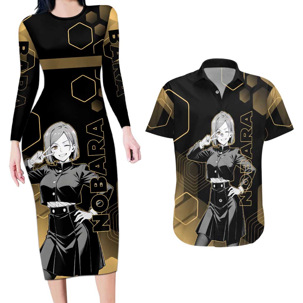 Nobara Kugisaki Jujutsu Kaisen Gold Hexagon Design Couples Matching Long Sleeve Bodycon Dress and Hawaiian Shirt with Confident Expressions and Manga Style Art - The Mazicc