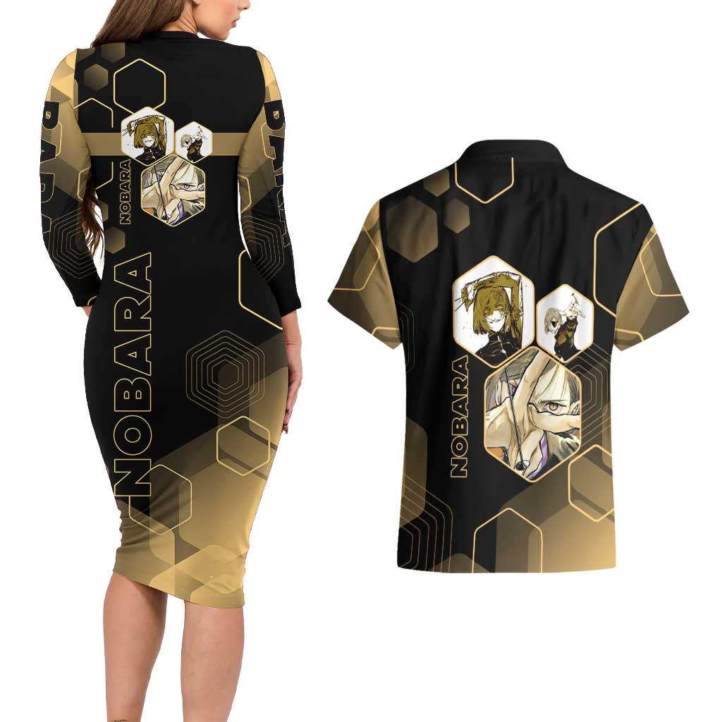 Nobara Kugisaki Jujutsu Kaisen Gold Hexagon Design Couples Matching Long Sleeve Bodycon Dress and Hawaiian Shirt with Confident Expressions and Manga Style Art - The Mazicc