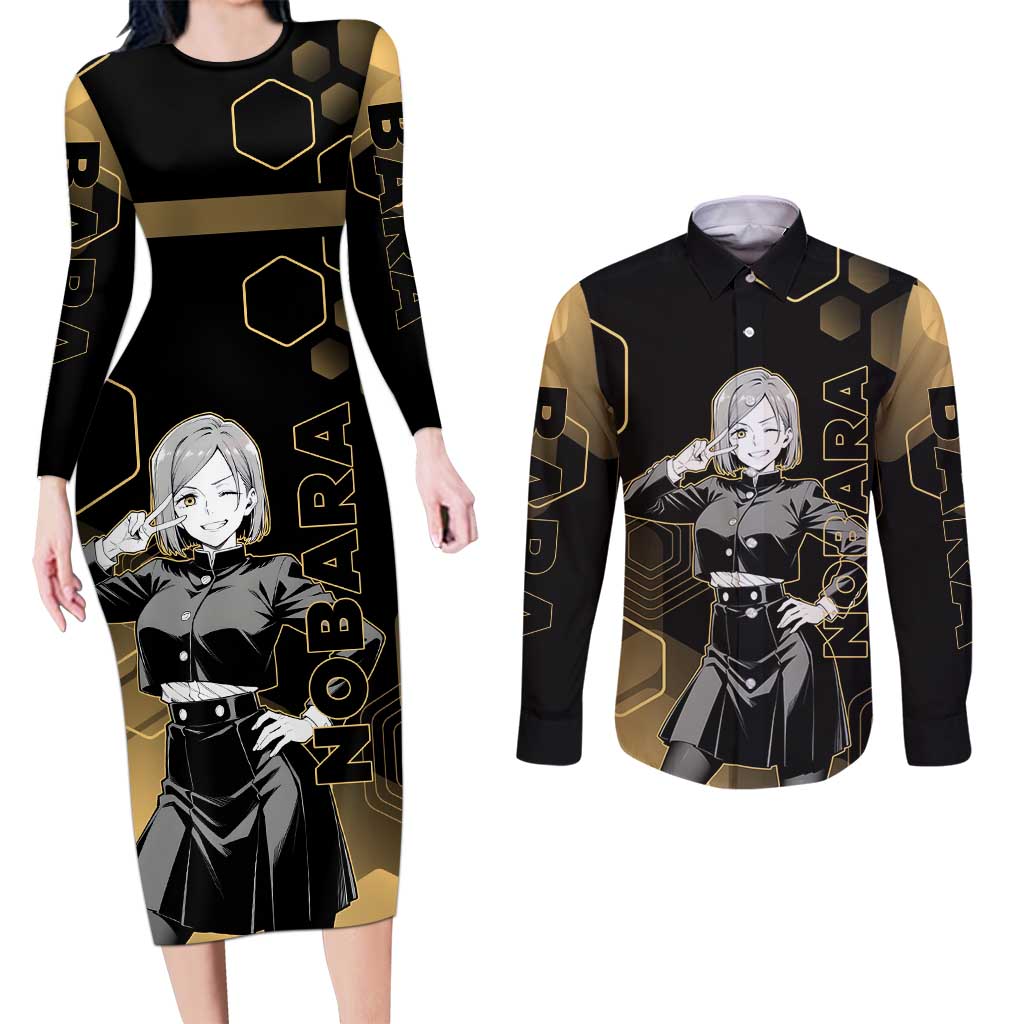 Nobara Kugisaki Jujutsu Kaisen Gold Hexagon Design Couples Matching Long Sleeve Bodycon Dress and Long Sleeve Button Shirt with Confident Expressions and Manga Style Art - The Mazicc