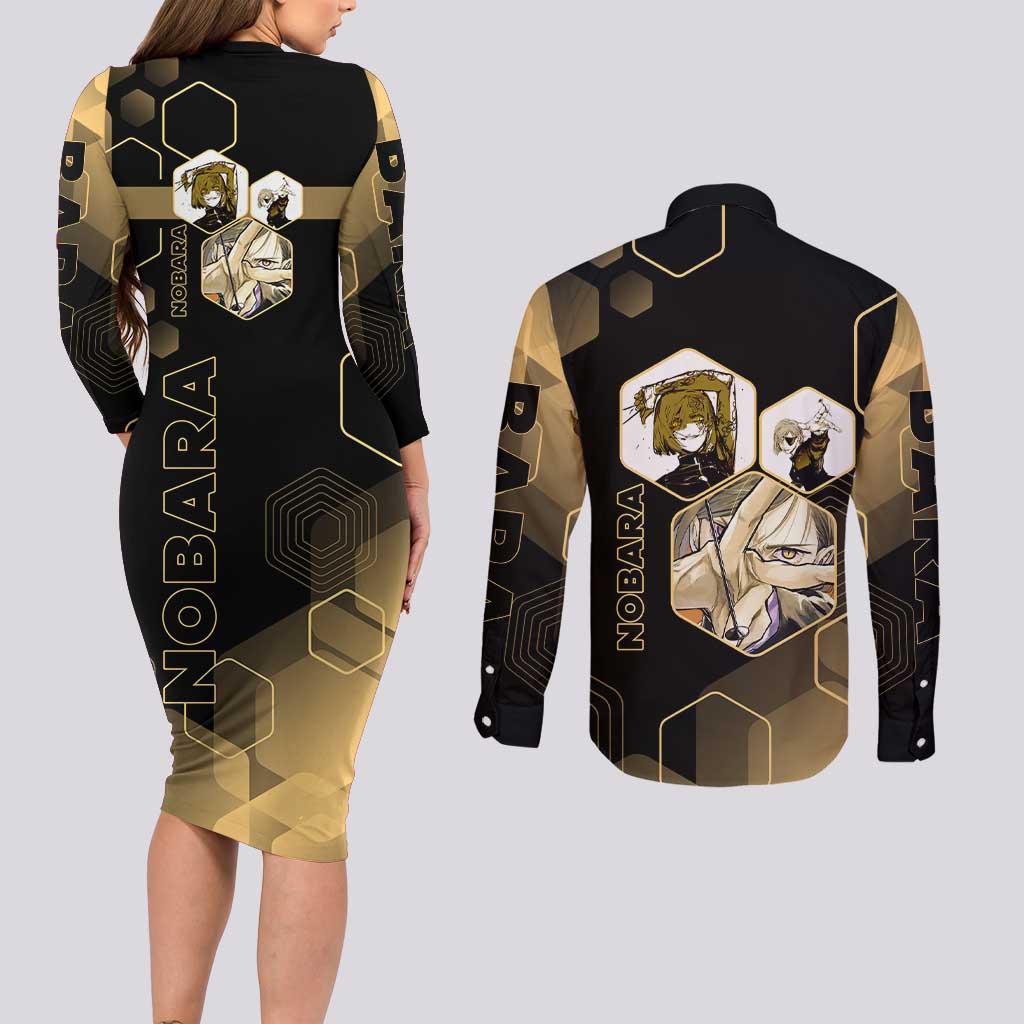 Nobara Kugisaki Jujutsu Kaisen Gold Hexagon Design Couples Matching Long Sleeve Bodycon Dress and Long Sleeve Button Shirt with Confident Expressions and Manga Style Art - The Mazicc