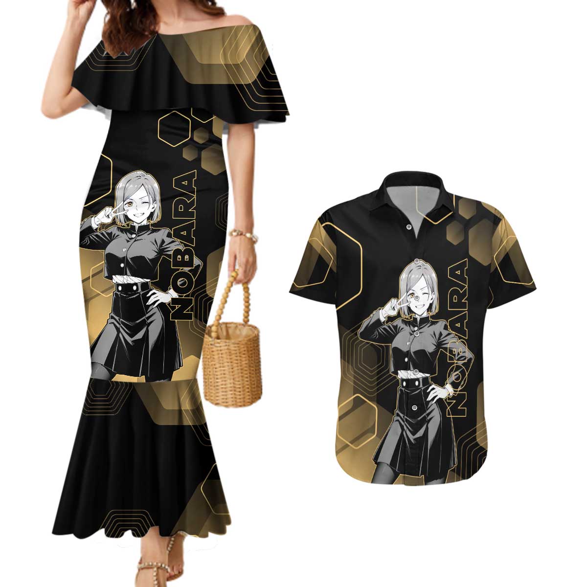 Nobara Kugisaki Jujutsu Kaisen Gold Hexagon Design Couples Matching Mermaid Dress and Hawaiian Shirt with Confident Expressions and Manga Style Art - The Mazicc