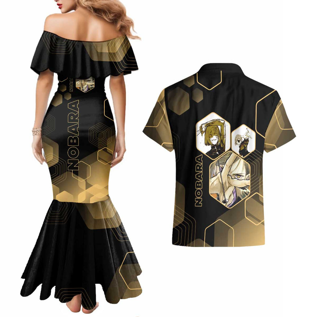 Nobara Kugisaki Jujutsu Kaisen Gold Hexagon Design Couples Matching Mermaid Dress and Hawaiian Shirt with Confident Expressions and Manga Style Art - The Mazicc