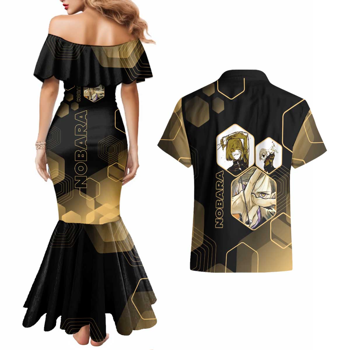 Nobara Kugisaki Jujutsu Kaisen Gold Hexagon Design Couples Matching Mermaid Dress and Hawaiian Shirt with Confident Expressions and Manga Style Art - The Mazicc