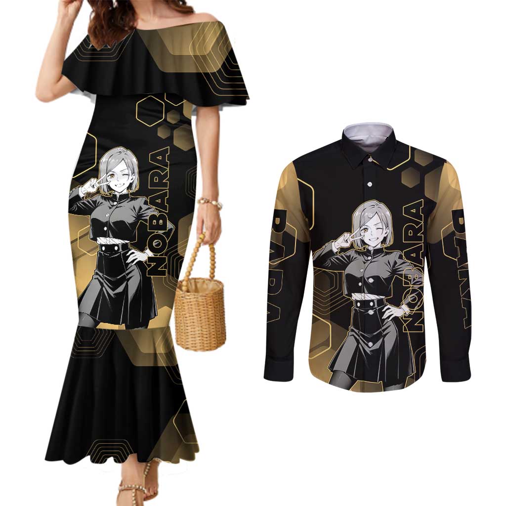 Nobara Kugisaki Jujutsu Kaisen Gold Hexagon Design Couples Matching Mermaid Dress and Long Sleeve Button Shirt with Confident Expressions and Manga Style Art - The Mazicc