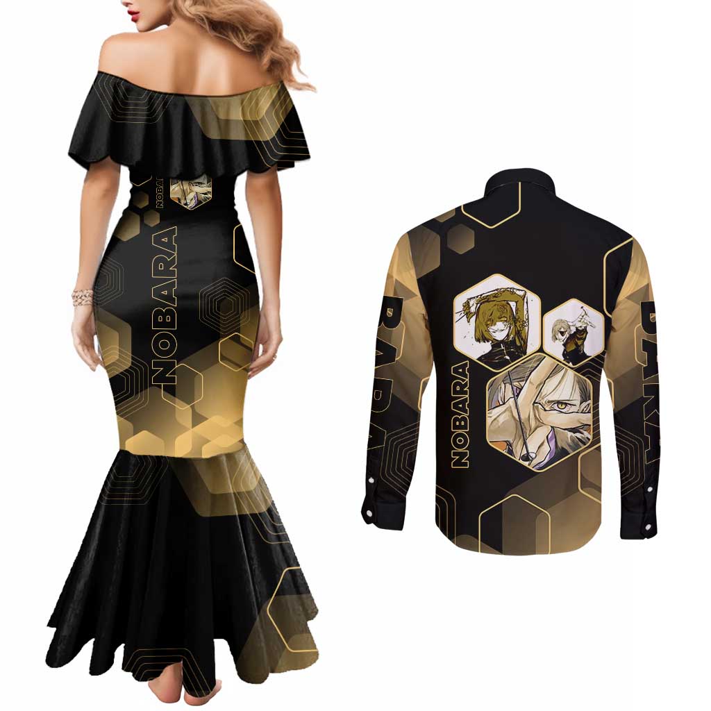 Nobara Kugisaki Jujutsu Kaisen Gold Hexagon Design Couples Matching Mermaid Dress and Long Sleeve Button Shirt with Confident Expressions and Manga Style Art - The Mazicc