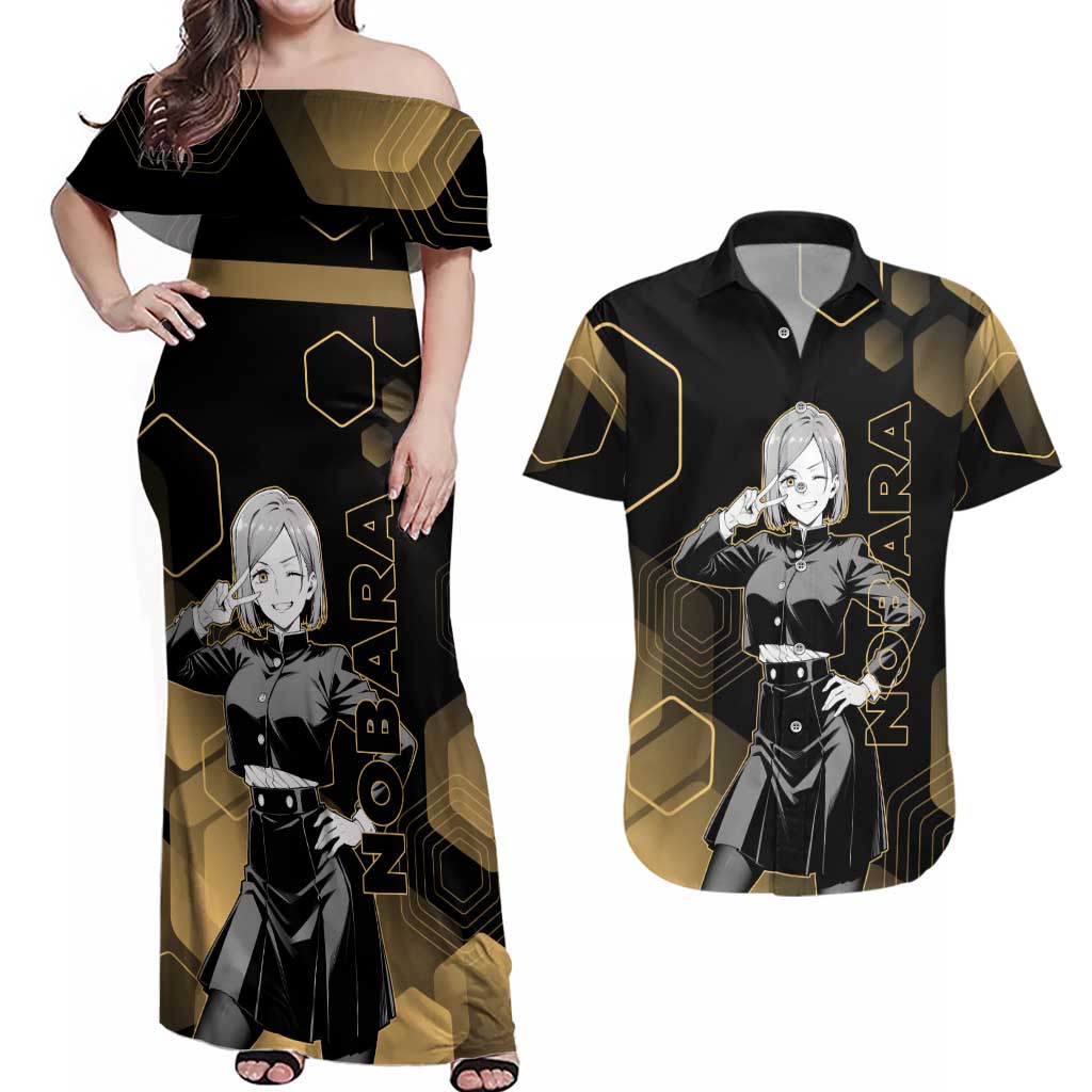 Nobara Kugisaki Jujutsu Kaisen Gold Hexagon Design Couples Matching Off Shoulder Maxi Dress and Hawaiian Shirt with Confident Expressions and Manga Style Art - The Mazicc