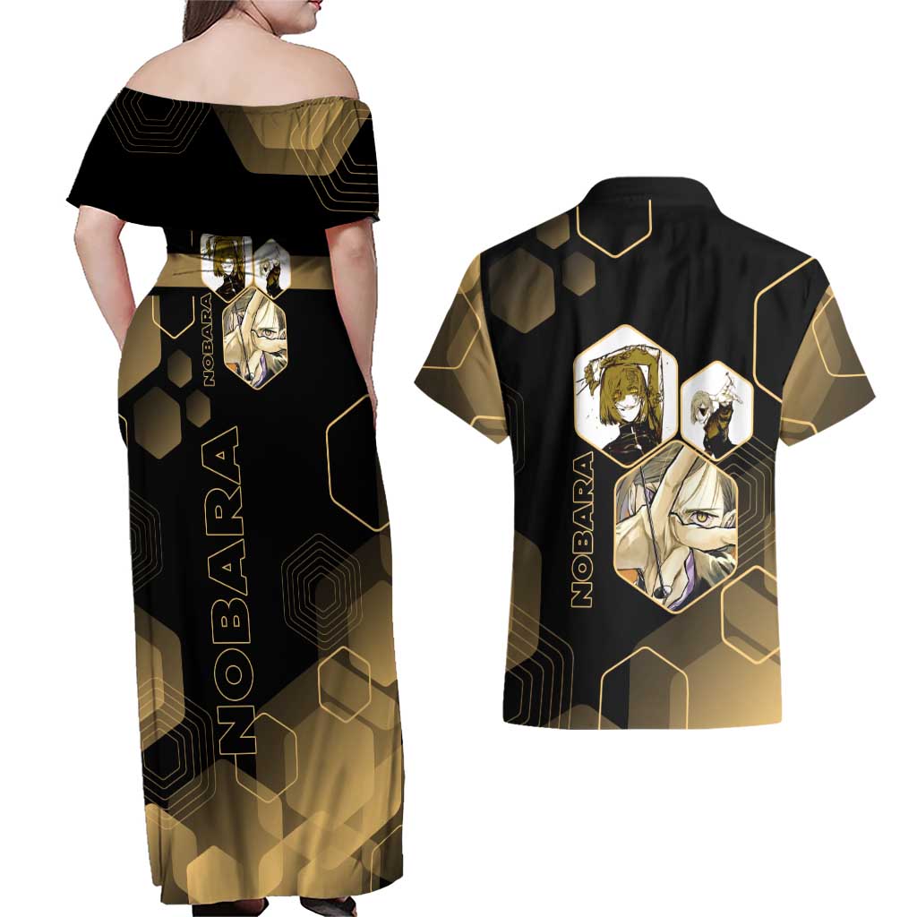 Nobara Kugisaki Jujutsu Kaisen Gold Hexagon Design Couples Matching Off Shoulder Maxi Dress and Hawaiian Shirt with Confident Expressions and Manga Style Art - The Mazicc