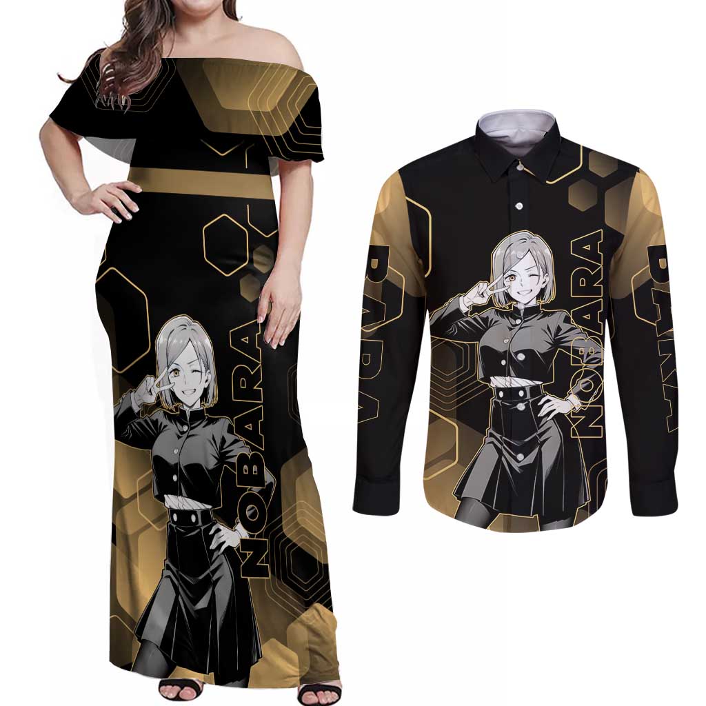 Nobara Kugisaki Jujutsu Kaisen Gold Hexagon Design Couples Matching Off Shoulder Maxi Dress and Long Sleeve Button Shirt with Confident Expressions and Manga Style Art - The Mazicc
