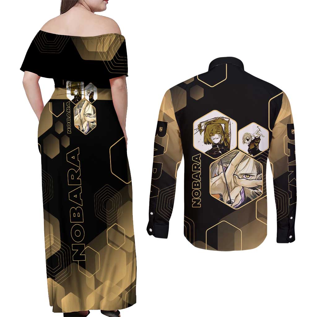 Nobara Kugisaki Jujutsu Kaisen Gold Hexagon Design Couples Matching Off Shoulder Maxi Dress and Long Sleeve Button Shirt with Confident Expressions and Manga Style Art - The Mazicc