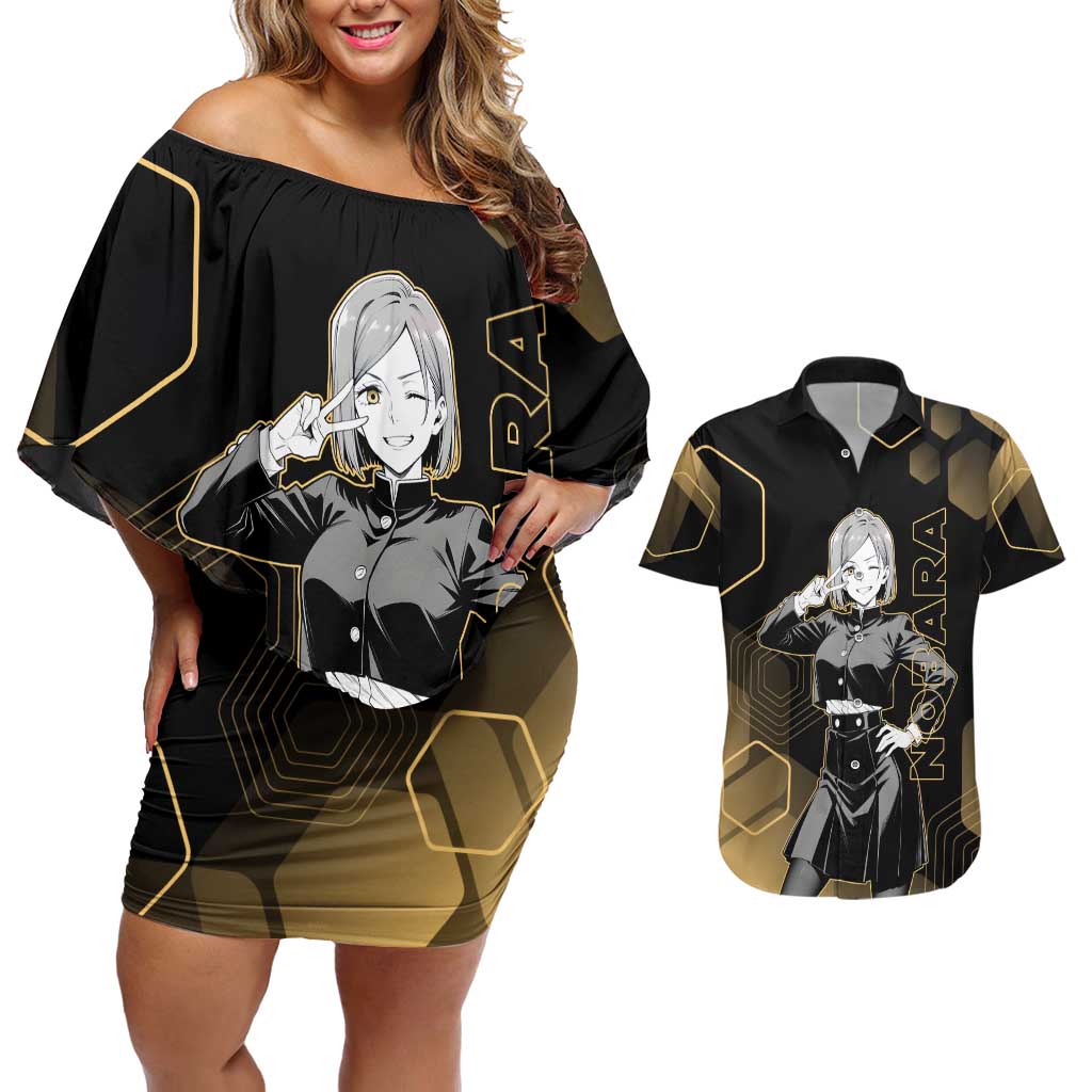 Nobara Kugisaki Jujutsu Kaisen Gold Hexagon Design Couples Matching Off Shoulder Short Dress and Hawaiian Shirt with Confident Expressions and Manga Style Art - The Mazicc