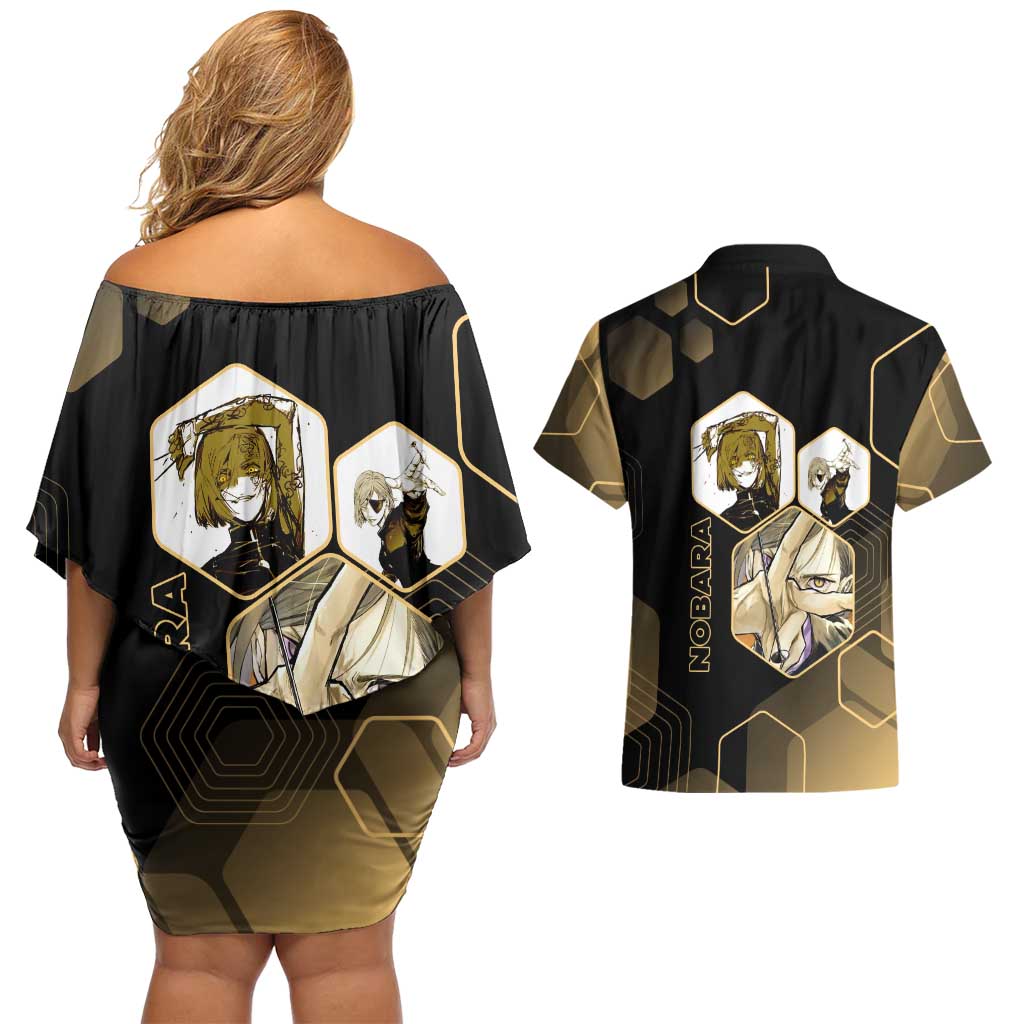 Nobara Kugisaki Jujutsu Kaisen Gold Hexagon Design Couples Matching Off Shoulder Short Dress and Hawaiian Shirt with Confident Expressions and Manga Style Art - The Mazicc