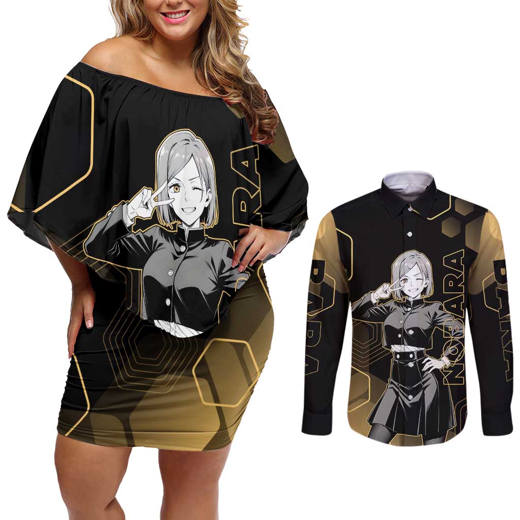 Nobara Kugisaki Jujutsu Kaisen Gold Hexagon Design Couples Matching Off Shoulder Short Dress and Long Sleeve Button Shirt with Confident Expressions and Manga Style Art - The Mazicc