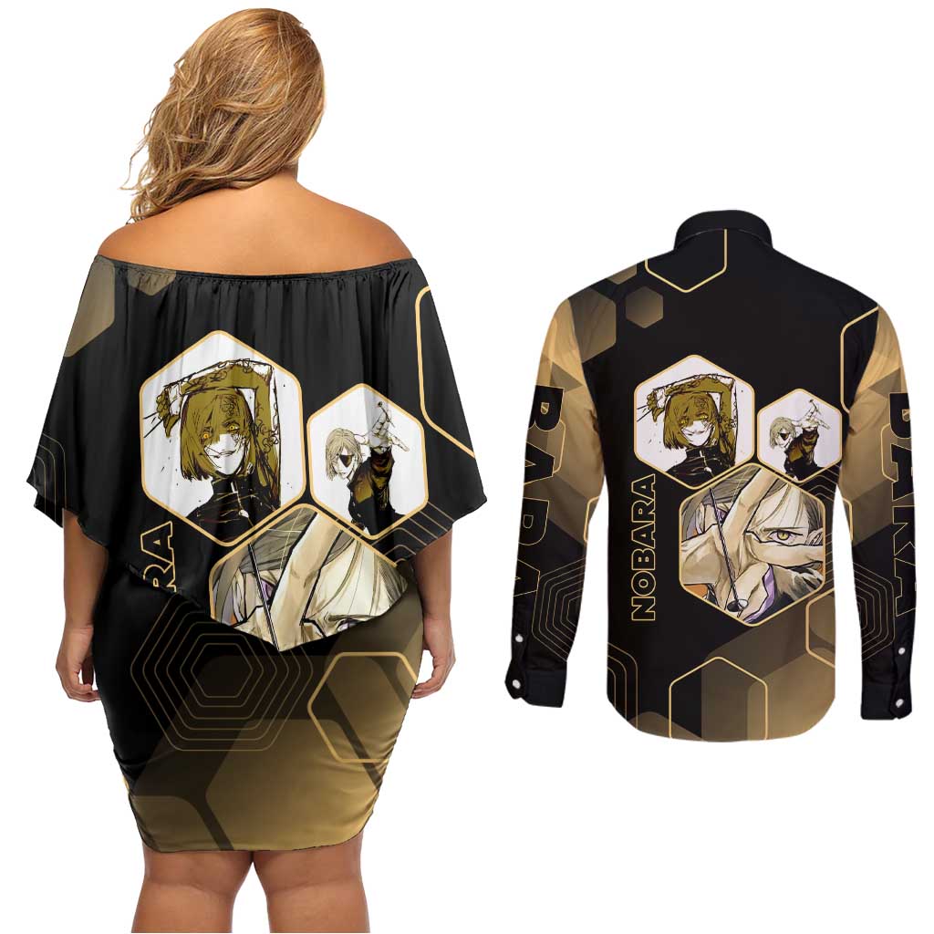 Nobara Kugisaki Jujutsu Kaisen Gold Hexagon Design Couples Matching Off Shoulder Short Dress and Long Sleeve Button Shirt with Confident Expressions and Manga Style Art - The Mazicc