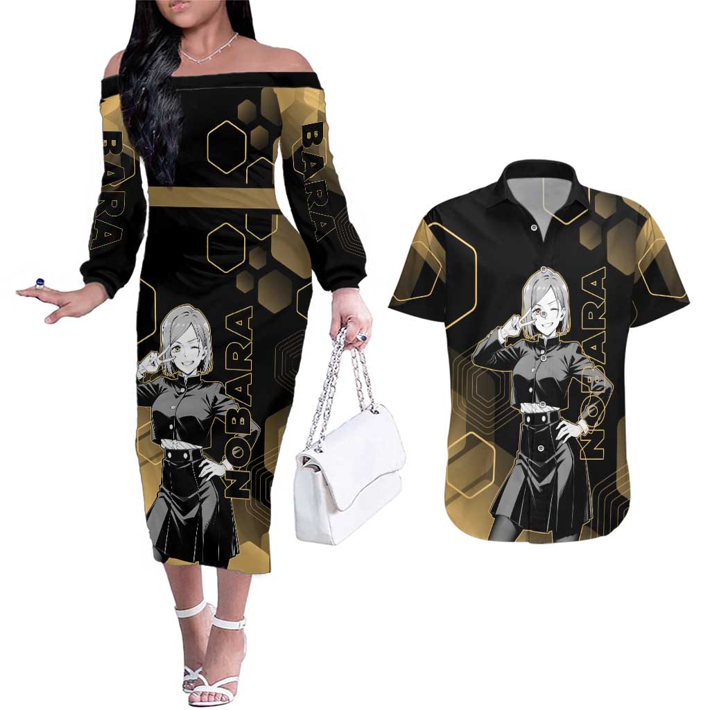 Nobara Kugisaki Jujutsu Kaisen Gold Hexagon Design Couples Matching Off The Shoulder Long Sleeve Dress and Hawaiian Shirt with Confident Expressions and Manga Style Art - The Mazicc