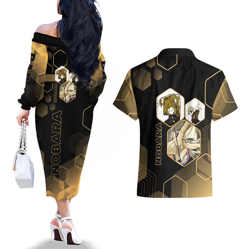 Nobara Kugisaki Jujutsu Kaisen Gold Hexagon Design Couples Matching Off The Shoulder Long Sleeve Dress and Hawaiian Shirt with Confident Expressions and Manga Style Art - The Mazicc