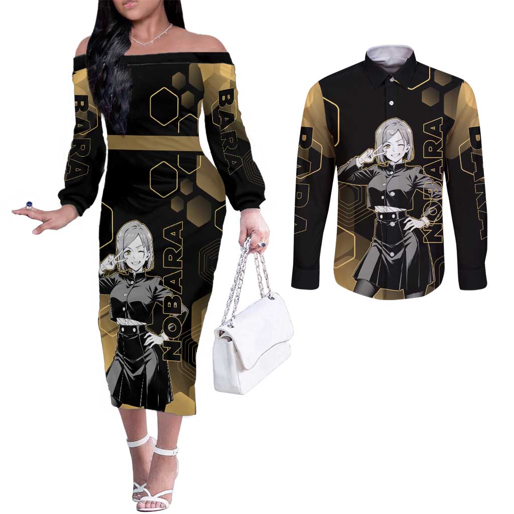Nobara Kugisaki Jujutsu Kaisen Gold Hexagon Design Couples Matching Off The Shoulder Long Sleeve Dress and Long Sleeve Button Shirt with Confident Expressions and Manga Style Art - The Mazicc