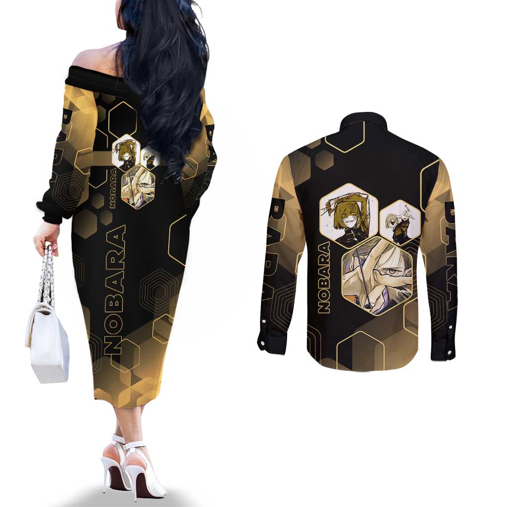 Nobara Kugisaki Jujutsu Kaisen Gold Hexagon Design Couples Matching Off The Shoulder Long Sleeve Dress and Long Sleeve Button Shirt with Confident Expressions and Manga Style Art - The Mazicc