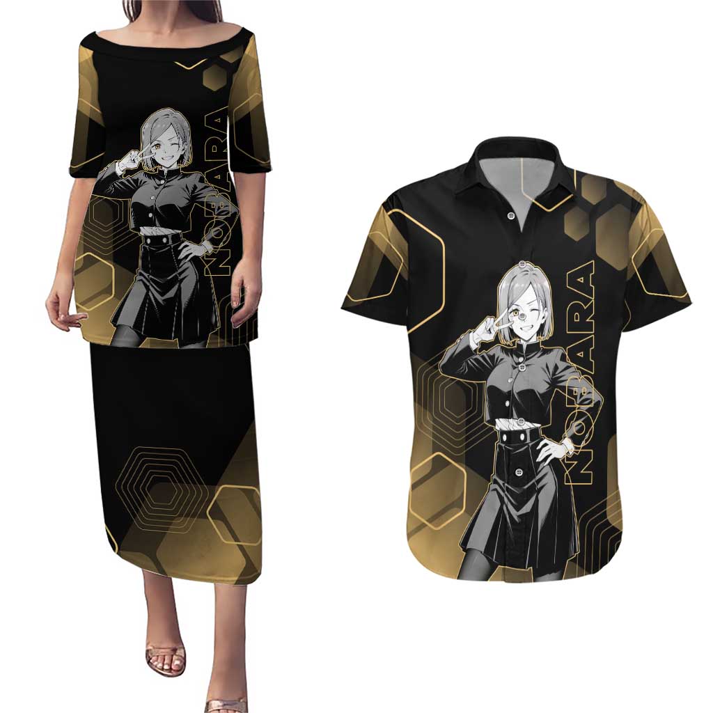 Nobara Kugisaki Jujutsu Kaisen Gold Hexagon Design Couples Matching Puletasi and Hawaiian Shirt with Confident Expressions and Manga Style Art - The Mazicc