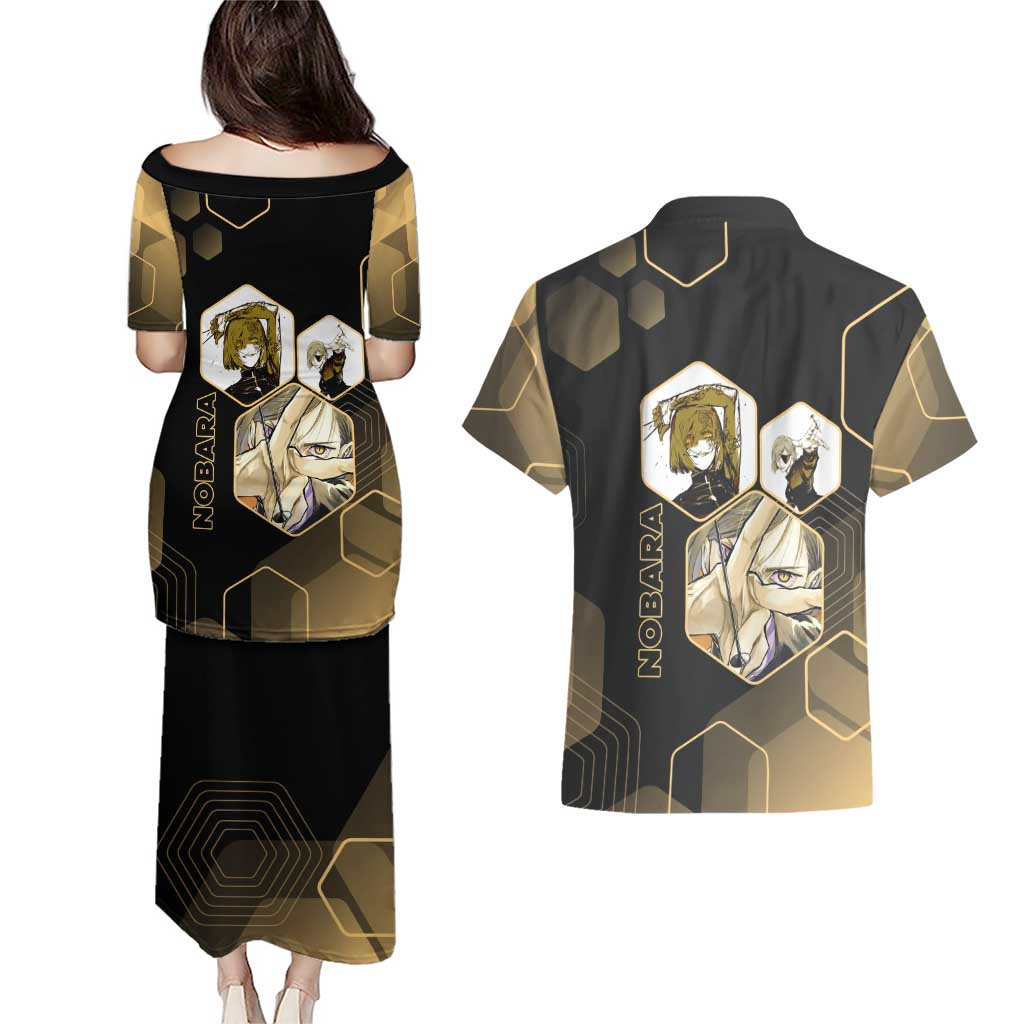 Nobara Kugisaki Jujutsu Kaisen Gold Hexagon Design Couples Matching Puletasi and Hawaiian Shirt with Confident Expressions and Manga Style Art - The Mazicc