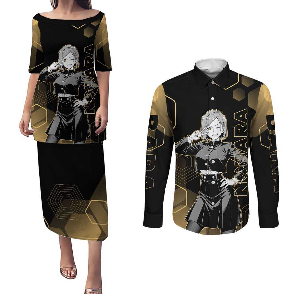 Nobara Kugisaki Jujutsu Kaisen Gold Hexagon Design Couples Matching Puletasi and Long Sleeve Button Shirt with Confident Expressions and Manga Style Art - The Mazicc