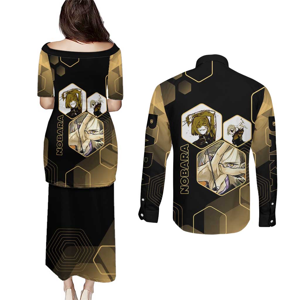 Nobara Kugisaki Jujutsu Kaisen Gold Hexagon Design Couples Matching Puletasi and Long Sleeve Button Shirt with Confident Expressions and Manga Style Art - The Mazicc