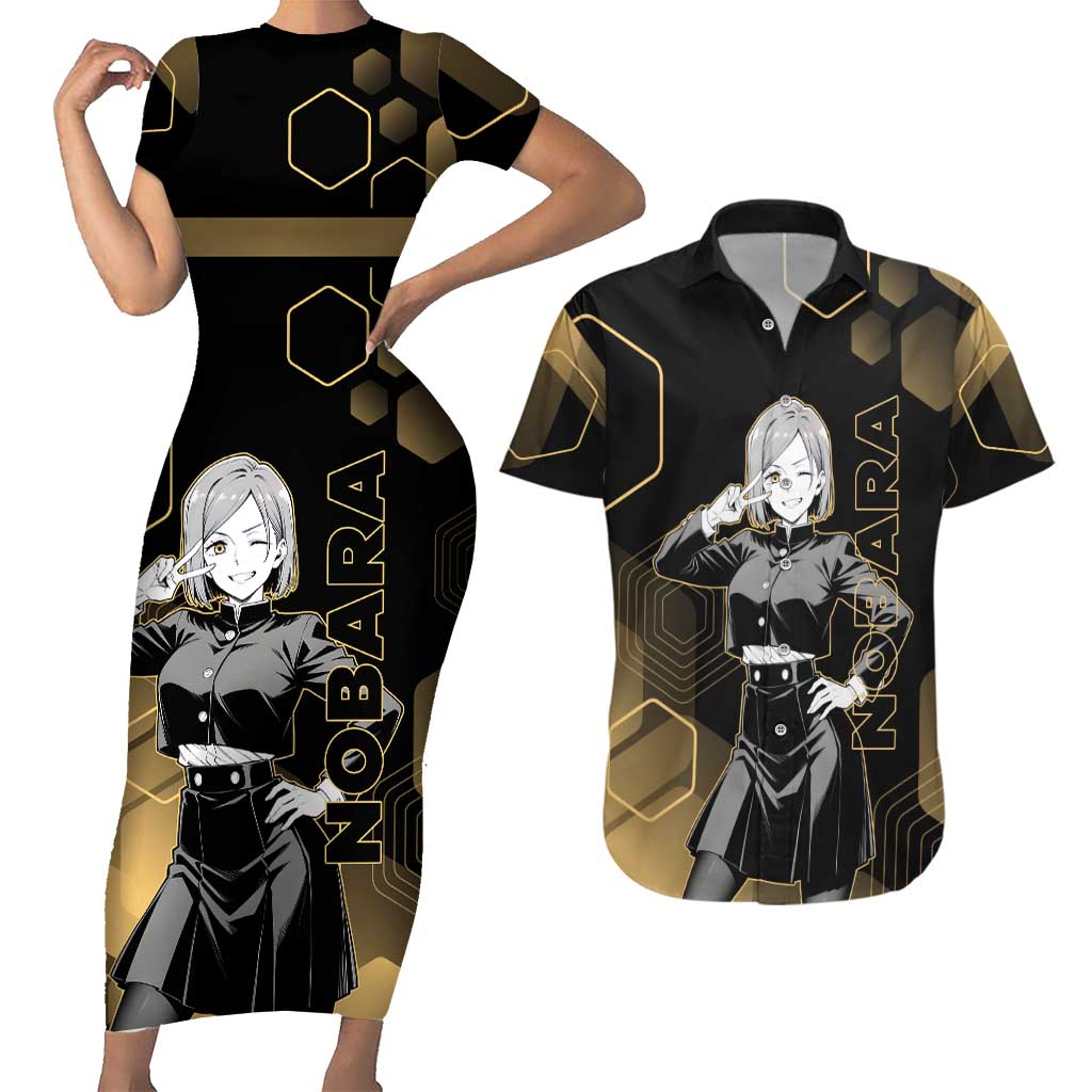 Nobara Kugisaki Jujutsu Kaisen Gold Hexagon Design Couples Matching Short Sleeve Bodycon Dress and Hawaiian Shirt with Confident Expressions and Manga Style Art - The Mazicc