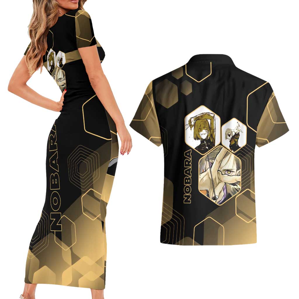 Nobara Kugisaki Jujutsu Kaisen Gold Hexagon Design Couples Matching Short Sleeve Bodycon Dress and Hawaiian Shirt with Confident Expressions and Manga Style Art - The Mazicc