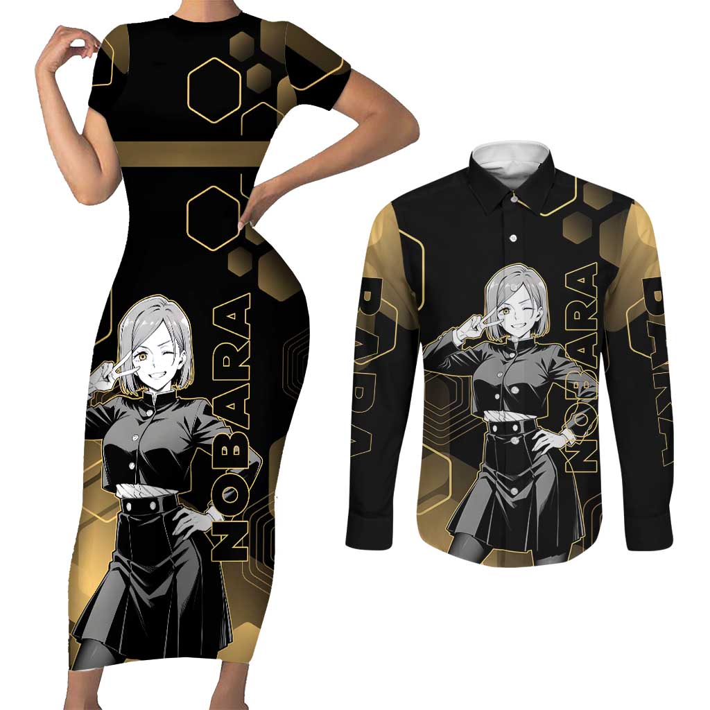 Nobara Kugisaki Jujutsu Kaisen Gold Hexagon Design Couples Matching Short Sleeve Bodycon Dress and Long Sleeve Button Shirt with Confident Expressions and Manga Style Art - The Mazicc