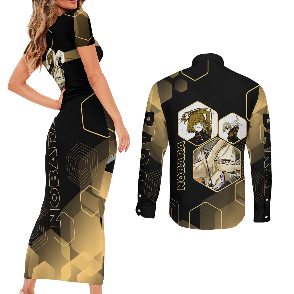 Nobara Kugisaki Jujutsu Kaisen Gold Hexagon Design Couples Matching Short Sleeve Bodycon Dress and Long Sleeve Button Shirt with Confident Expressions and Manga Style Art - The Mazicc