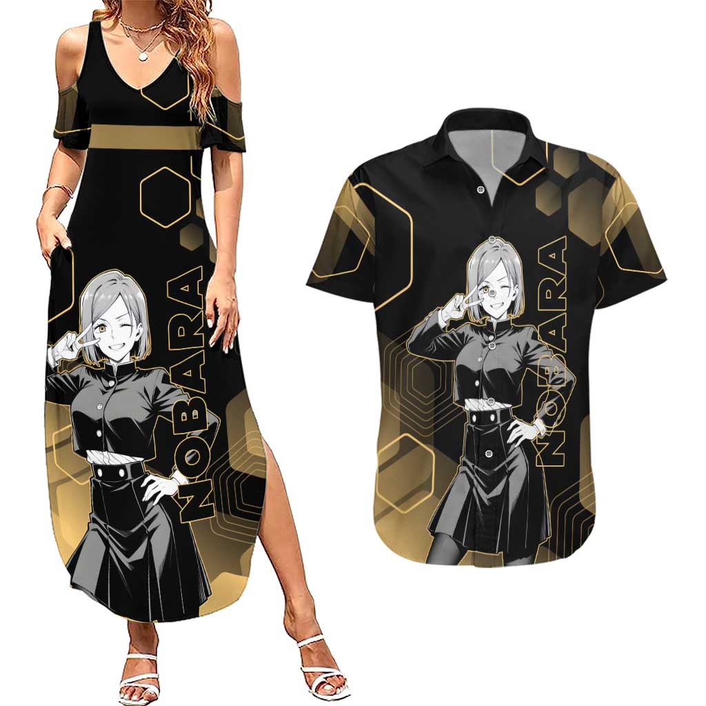 Nobara Kugisaki Jujutsu Kaisen Gold Hexagon Design Couples Matching Summer Maxi Dress and Hawaiian Shirt with Confident Expressions and Manga Style Art - The Mazicc