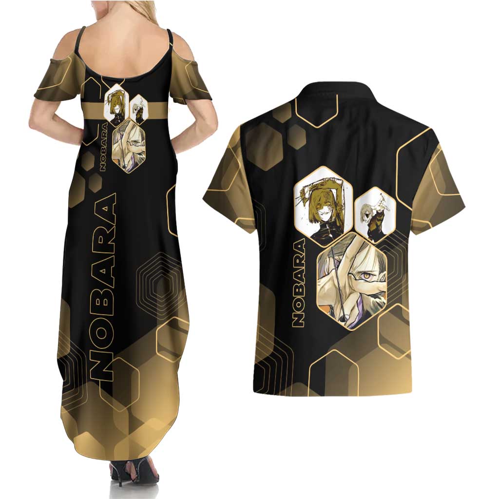 Nobara Kugisaki Jujutsu Kaisen Gold Hexagon Design Couples Matching Summer Maxi Dress and Hawaiian Shirt with Confident Expressions and Manga Style Art - The Mazicc