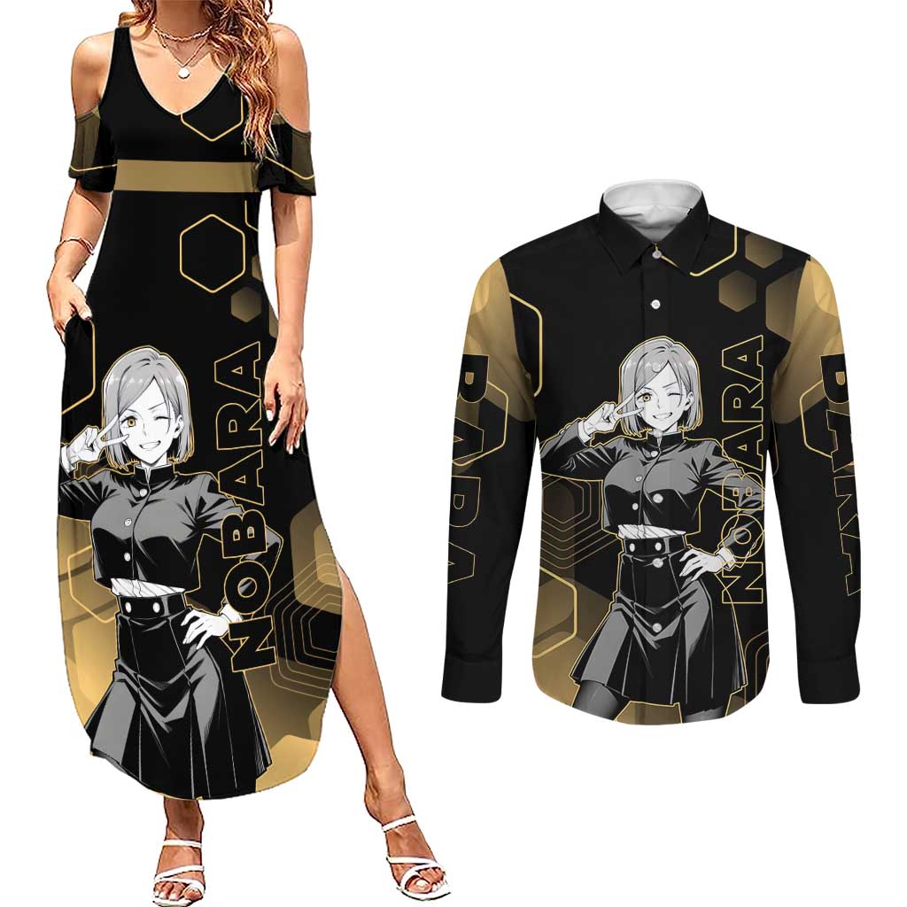 Nobara Kugisaki Jujutsu Kaisen Gold Hexagon Design Couples Matching Summer Maxi Dress and Long Sleeve Button Shirt with Confident Expressions and Manga Style Art - The Mazicc