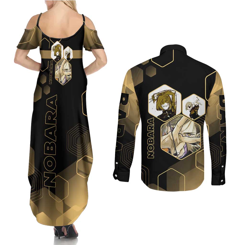 Nobara Kugisaki Jujutsu Kaisen Gold Hexagon Design Couples Matching Summer Maxi Dress and Long Sleeve Button Shirt with Confident Expressions and Manga Style Art - The Mazicc
